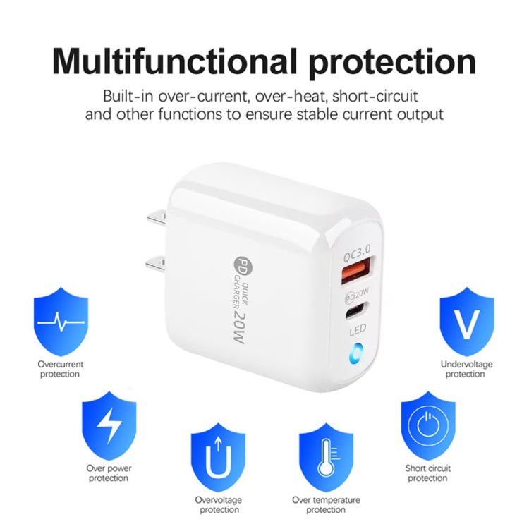 PD04 Type-C + USB Mobile Phone Charger with Type-C to 8 Pin Cable, US Plug(White)