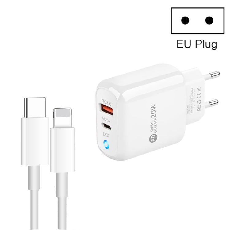PD04 Type-C + USB Mobile Phone Charger with Type-C to 8 Pin Cable, EU Plug(White)