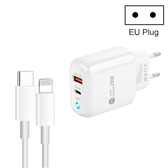 PD04 Type-C + USB Mobile Phone Charger with Type-C to 8 Pin Cable, EU Plug(White)