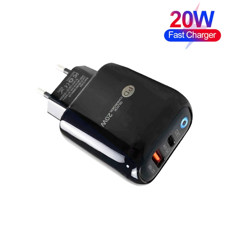 PD04 Type-C + USB Mobile Phone Charger with Type-C to 8 Pin Cable, EU Plug(Black)