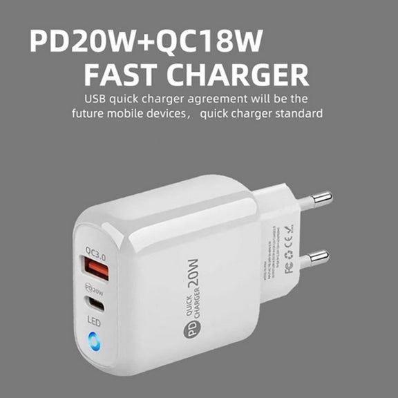 PD04 Type-C + USB Mobile Phone Charger with Type-C to 8 Pin Cable, EU Plug(Black)