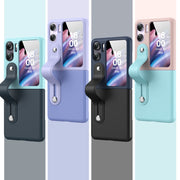 For OPPO Find N2 Flip Skin Color Contrast Wrist Strap Bracket Folding Phone Case(Ice Blue+Pink)