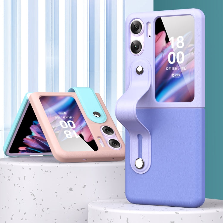 For OPPO Find N2 Flip Skin Color Contrast Wrist Strap Bracket Folding Phone Case(Ice Blue+Pink)