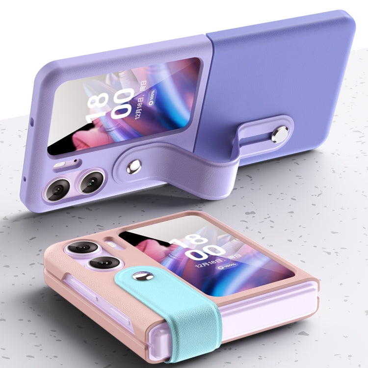 For OPPO Find N2 Flip Skin Color Contrast Wrist Strap Bracket Folding Phone Case(Ice Blue+Pink)