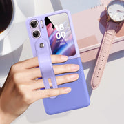 For OPPO Find N2 Flip Skin Color Contrast Wrist Strap Bracket Folding Phone Case(Ice Blue+Pink)