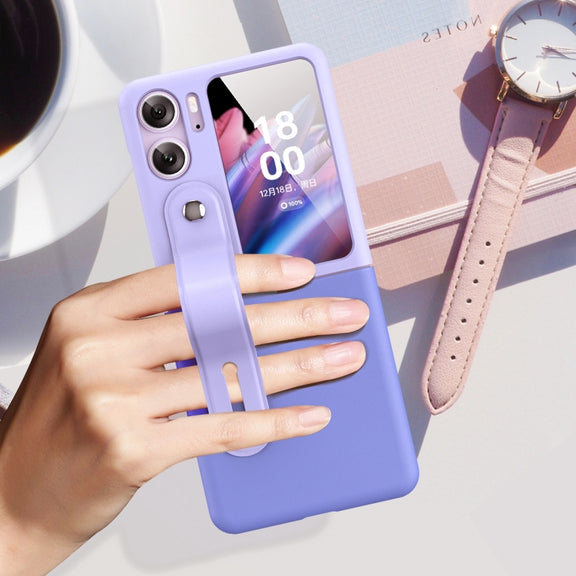 For OPPO Find N2 Flip Skin Color Contrast Wrist Strap Bracket Folding Phone Case(Ice Blue+Pink)