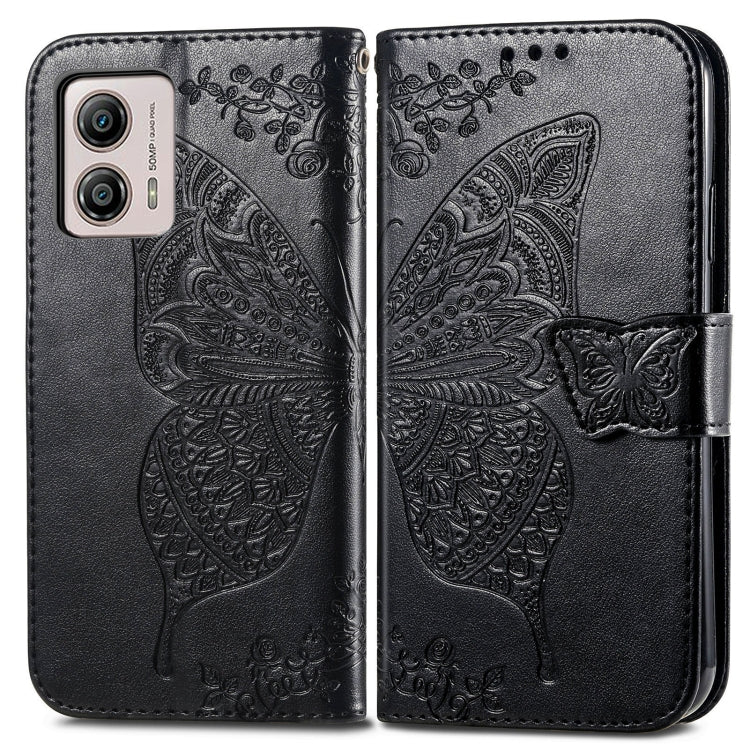 For Motorola Moto E13 Butterfly Love Flower Embossed Flip Leather Phone Case(Black)