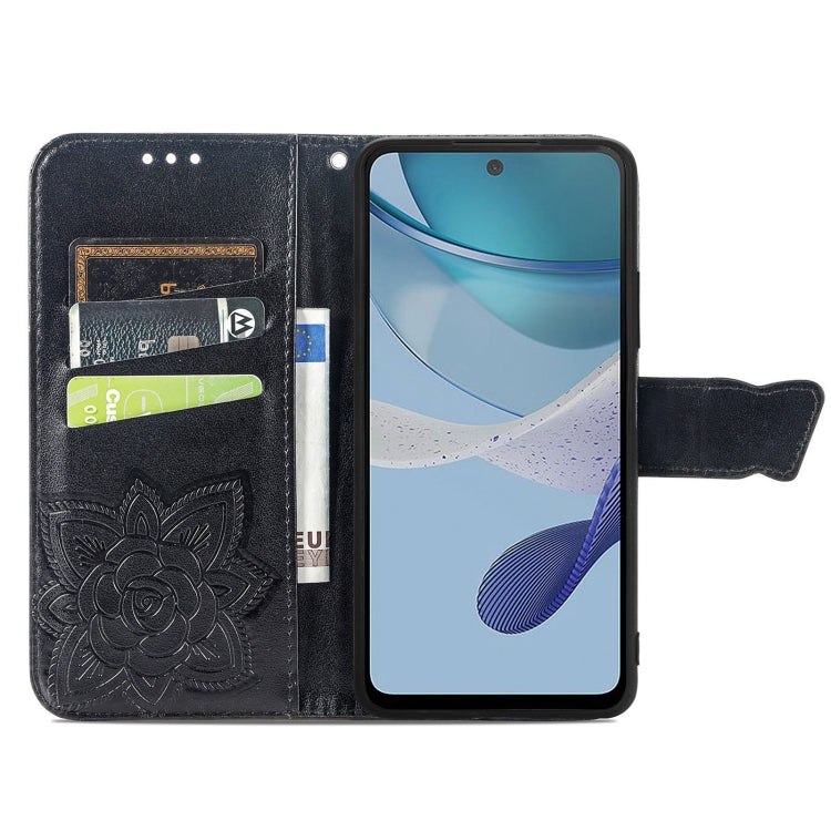 For Motorola Moto E13 Butterfly Love Flower Embossed Flip Leather Phone Case(Black)