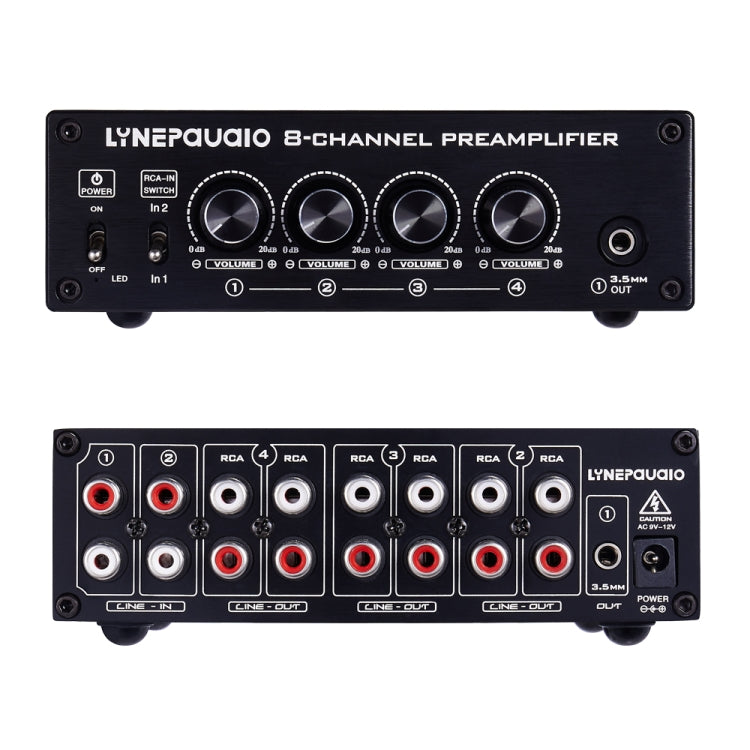 2 in 8 out Switcher Pre-Amplifier Speaker Distributor Signal Booster with Volume Control And Earphone 16-600 ohms / Monitor Function