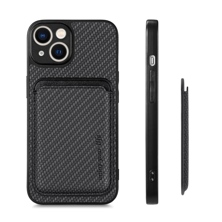 For iPhone 14 Carbon Fiber Leather Card Magsafe Magnetic Phone Case(Black)