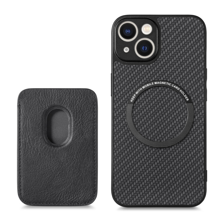 For iPhone 14 Carbon Fiber Leather Card Magsafe Magnetic Phone Case(Black)
