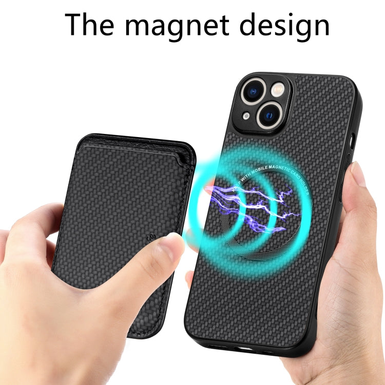 For iPhone 14 Carbon Fiber Leather Card Magsafe Magnetic Phone Case(Black)