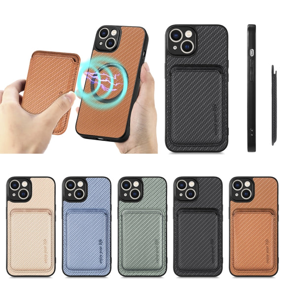 For iPhone 14 Carbon Fiber Leather Card Magsafe Magnetic Phone Case(Black)