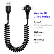 ENKAY Hat-Prince 3 in 1 6A USB to 8 Pin+Type-C+Micro USB Supper Fast Charge Spring Cable, Length: 1.8m(Black)