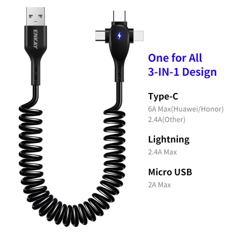 ENKAY Hat-Prince 3 in 1 6A USB to 8 Pin+Type-C+Micro USB Supper Fast Charge Spring Cable, Length: 1.8m(Black)