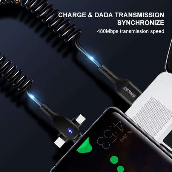 ENKAY Hat-Prince 3 in 1 6A USB to 8 Pin+Type-C+Micro USB Supper Fast Charge Spring Cable, Length: 1.8m(Black)