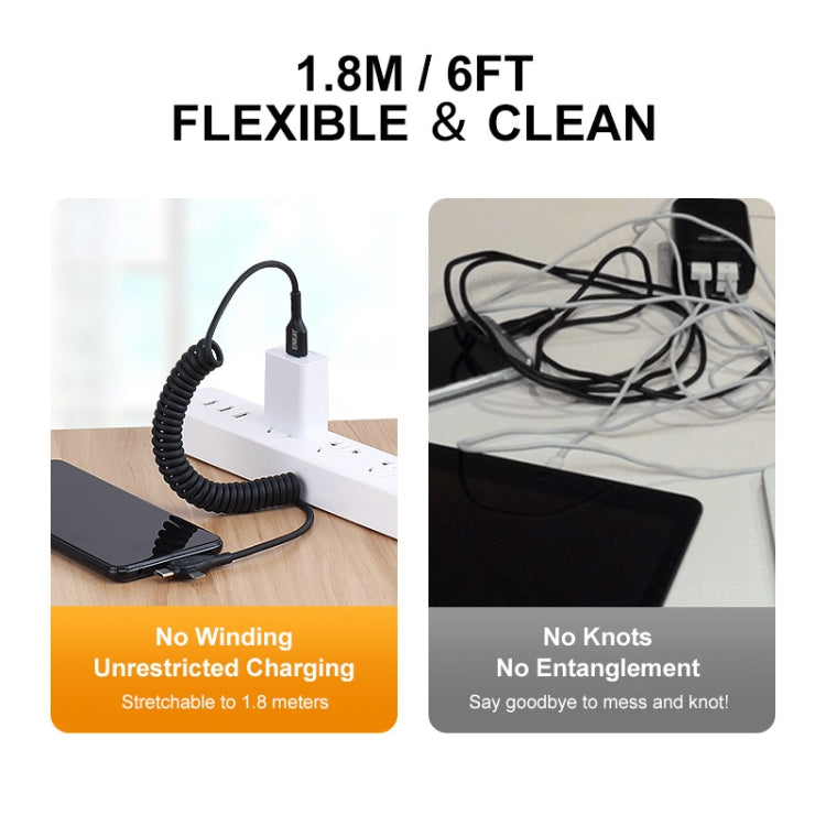 ENKAY Hat-Prince 3 in 1 6A USB to 8 Pin+Type-C+Micro USB Supper Fast Charge Spring Cable, Length: 1.8m(White)