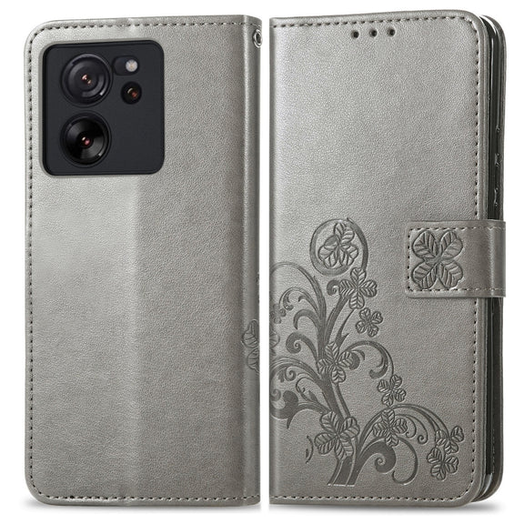 For Xiaomi 13T / 13T Pro Four-leaf Clasp Embossed Leather Phone Case(Gray)