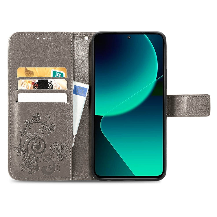 For Xiaomi 13T / 13T Pro Four-leaf Clasp Embossed Leather Phone Case(Gray)