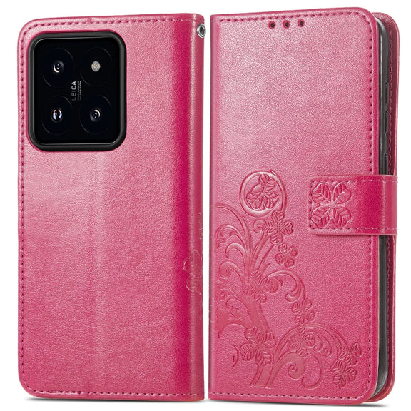 For Xiaomi 14 Pro Four-leaf Clasp Embossed Leather Phone Case(Magenta)