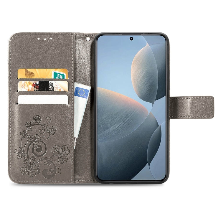 For Xiaomi Redmi K70E Four-leaf Clasp Embossed Leather Phone Case(Gray)