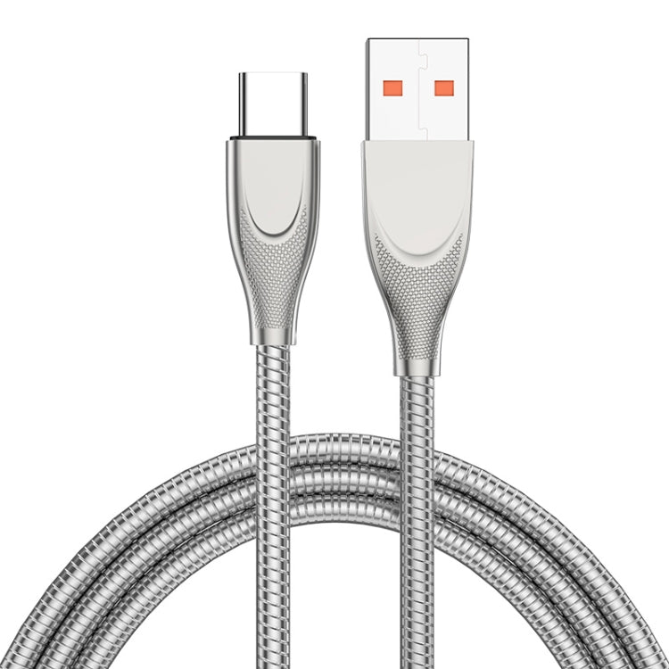 ENKAY ENK-CB132 USB to USB-C / Type-C Carbon Steel Hose Spring 6A Supper Fast Charging Data Cable, Length:2m(Silver)