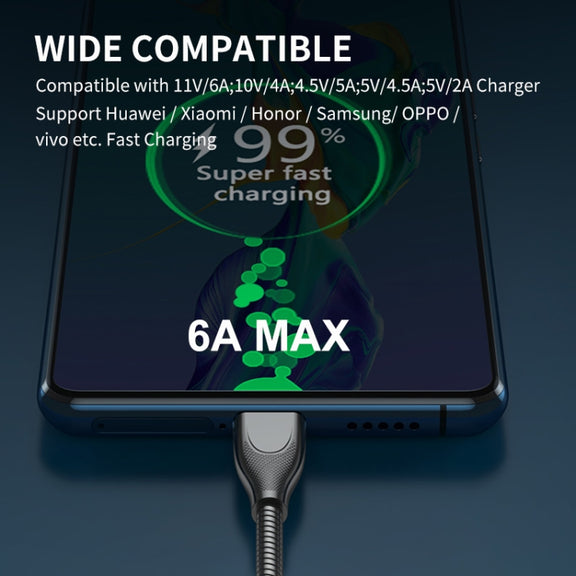 ENKAY ENK-CB132 USB to USB-C / Type-C Carbon Steel Hose Spring 6A Supper Fast Charging Data Cable, Length:2m(Silver)