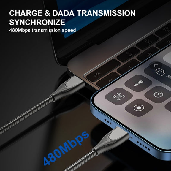 ENKAY ENK-CB132 USB to USB-C / Type-C Carbon Steel Hose Spring 6A Supper Fast Charging Data Cable, Length:2m(Silver)