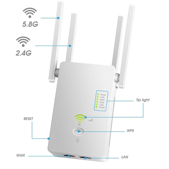 U6 5Ghz Wireless WiFi Repeater 1200Mbps Router Wifi Booster 2.4G Long Range Extender(EU Plug)
