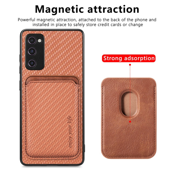 For Samsung Galaxy S20 FE Carbon Fiber Leather Card Magsafe Magnetic Phone Case(Brown)