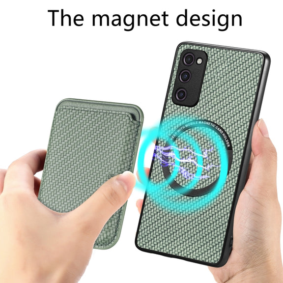 For Samsung Galaxy S20 FE Carbon Fiber Leather Card Magsafe Magnetic Phone Case(Green)