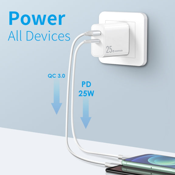 NORTHJO NOPD2002 PD20W USB-C/Type-C + QC 3.0 USB Dual Ports Fast Charger, US Plug(White)