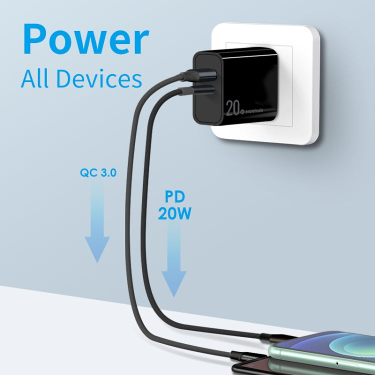 NORTHJO NOPD2002 PD20W USB-C/Type-C + QC 3.0 USB Dual Ports Fast Charger, US Plug(Black)