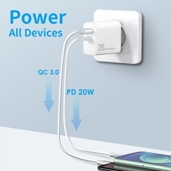 NORTHJO NOPD2002 PD20W USB-C/Type-C + QC 3.0 USB Dual Ports Fast Charger, EU Plug(White)