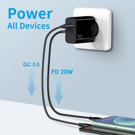 NORTHJO NOPD2002 PD20W USB-C/Type-C + QC 3.0 USB Dual Ports Fast Charger, EU Plug(Black)