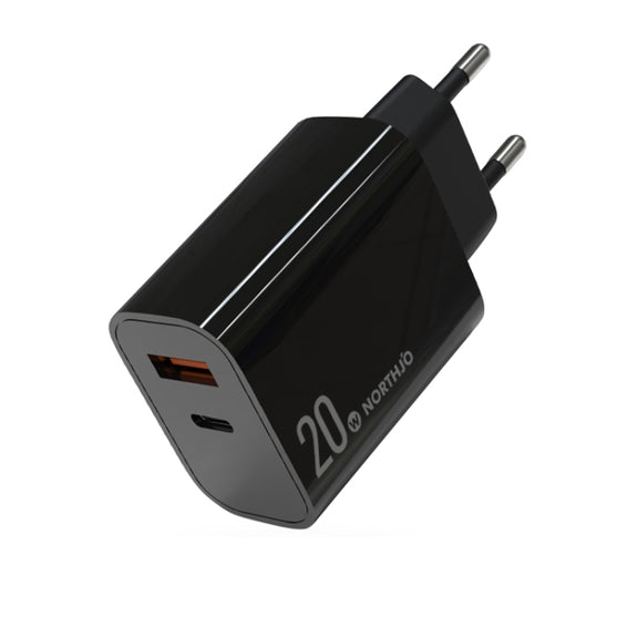 NORTHJO NOPD2002 PD20W USB-C/Type-C + QC 3.0 USB Dual Ports Fast Charger, EU Plug(Black)