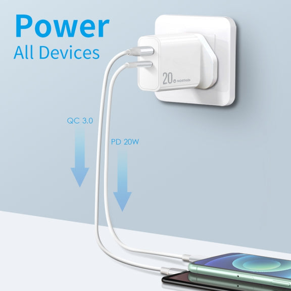 NORTHJO NOPD2002 PD20W USB-C/Type-C + QC 3.0 USB Dual Ports Fast Charger, UK Plug(White)