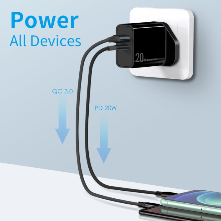 NORTHJO NOPD2002 PD20W USB-C/Type-C + QC 3.0 USB Dual Ports Fast Charger, UK Plug(Black)
