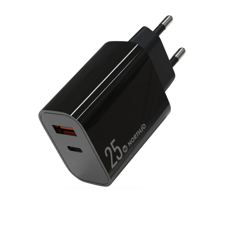 NORTHJO NOPD2502 PD 25W USB-C/Type-C + QC 3.0 USB Dual Ports Fast Charger, Plug Type:EU Plug(Black)