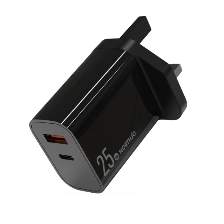 NORTHJO NOPD2502 PD 25W USB-C/Type-C + QC 3.0 USB Dual Ports Fast Charger, Plug Type:UK Plug(Black)