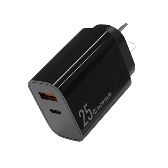 NORTHJO NOPD2502 PD 25W USB-C/Type-C + QC 3.0 USB Dual Ports Fast Charger, Plug Type:AU Plug(Black)