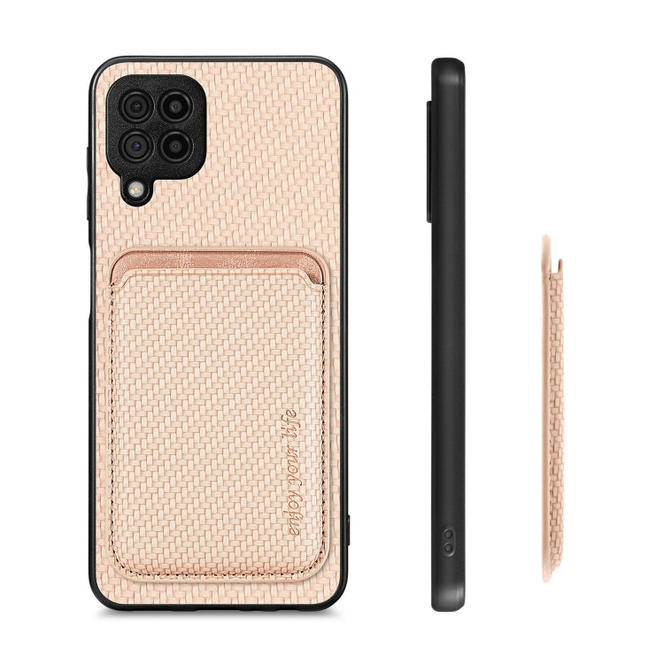 For Samsung Galaxy A22 4G Carbon Fiber Leather Card Magsafe Magnetic Phone Case(Khaki)
