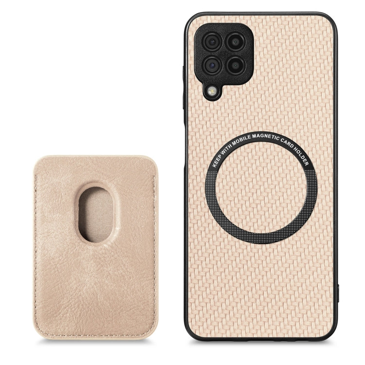 For Samsung Galaxy A22 4G Carbon Fiber Leather Card Magsafe Magnetic Phone Case(Khaki)