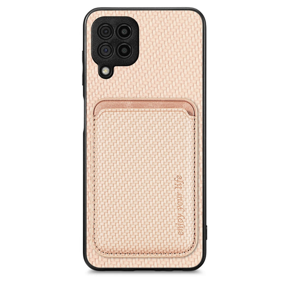 For Samsung Galaxy A22 4G Carbon Fiber Leather Card Magsafe Magnetic Phone Case(Khaki)