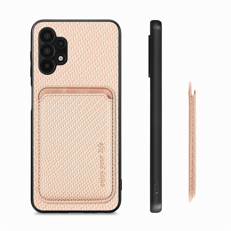 For Samsung Galaxy A32 5G Carbon Fiber Leather Card Magsafe Magnetic Phone Case(Khaki)