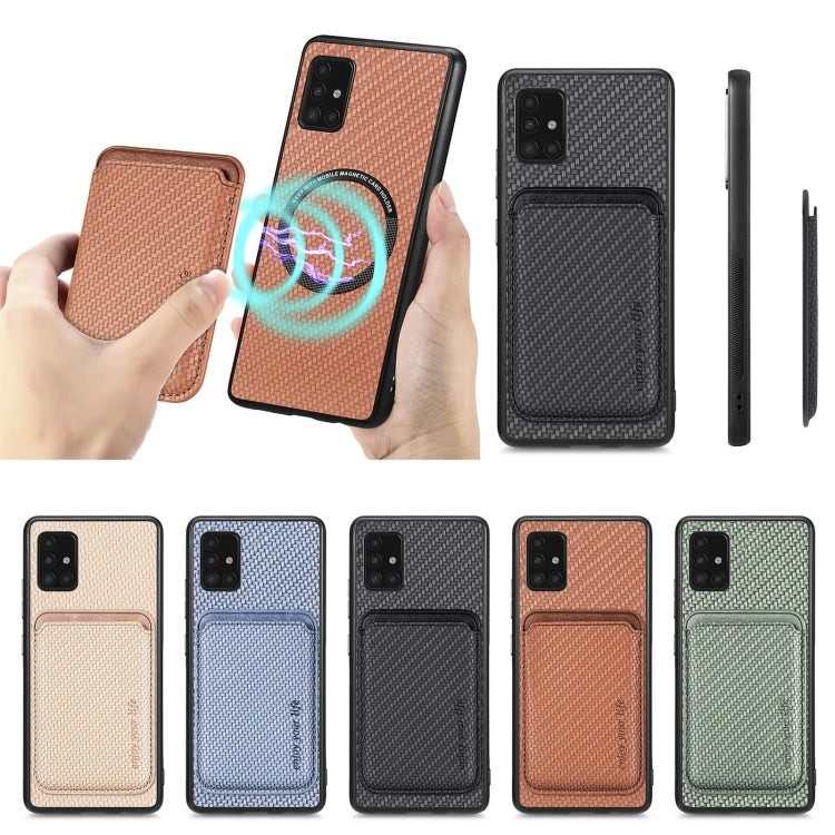 For Samsung Galaxy A51 5G Carbon Fiber Leather Card Magsafe Magnetic Phone Case(Khaki)