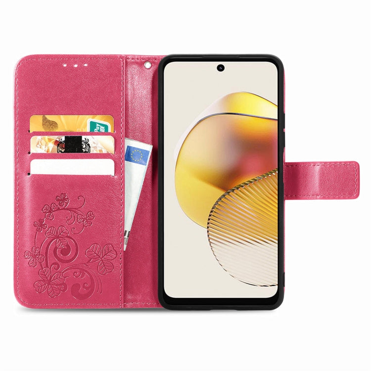 For Motorola Moto G73 Four-leaf Clasp Embossed Buckle Leather Phone Case(Magenta)
