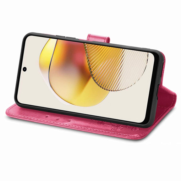 For Motorola Moto G73 Four-leaf Clasp Embossed Buckle Leather Phone Case(Magenta)