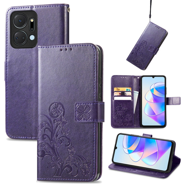 For Honor X7a Four-leaf Clasp Embossed Leather Phone Case(Purple)