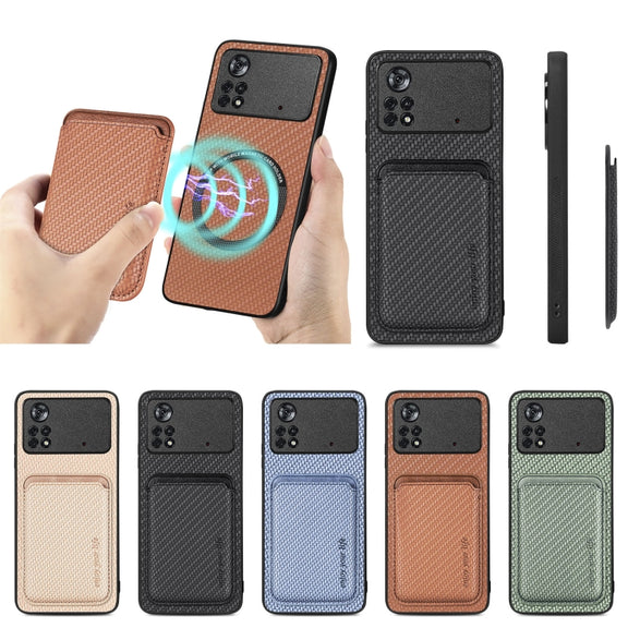 For Xiaomi Poco X4 Pro 5G Carbon Fiber Leather Card Magsafe Magnetic Phone Case(Black)